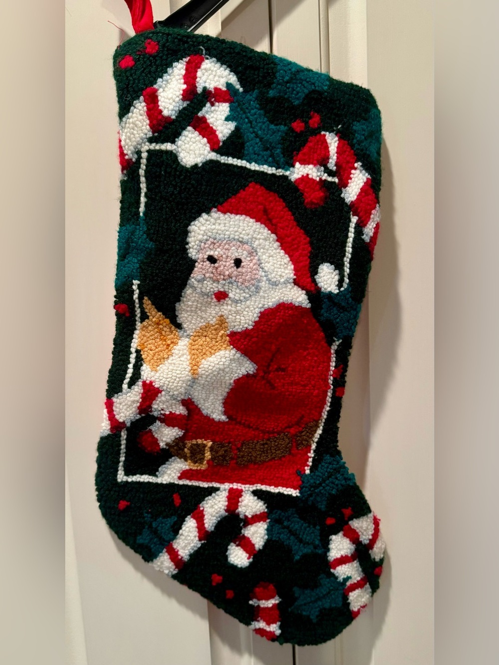 Hand Hooked Santa and Candy Canes Christmas Stocking